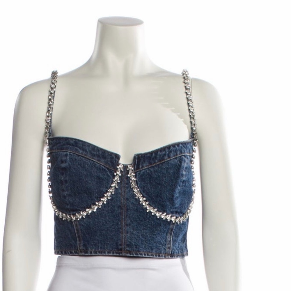 Self-Portrait Blue Denim crop Top with crystal accents w/tags